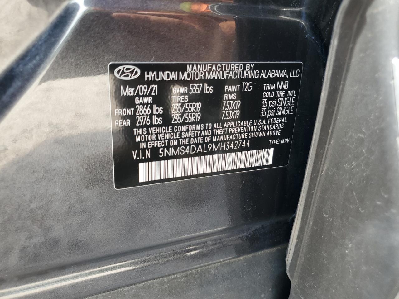 2021 Hyundai Santa Fe Limited VIN: 5NMS4DAL9MH342744 Lot: 69919395