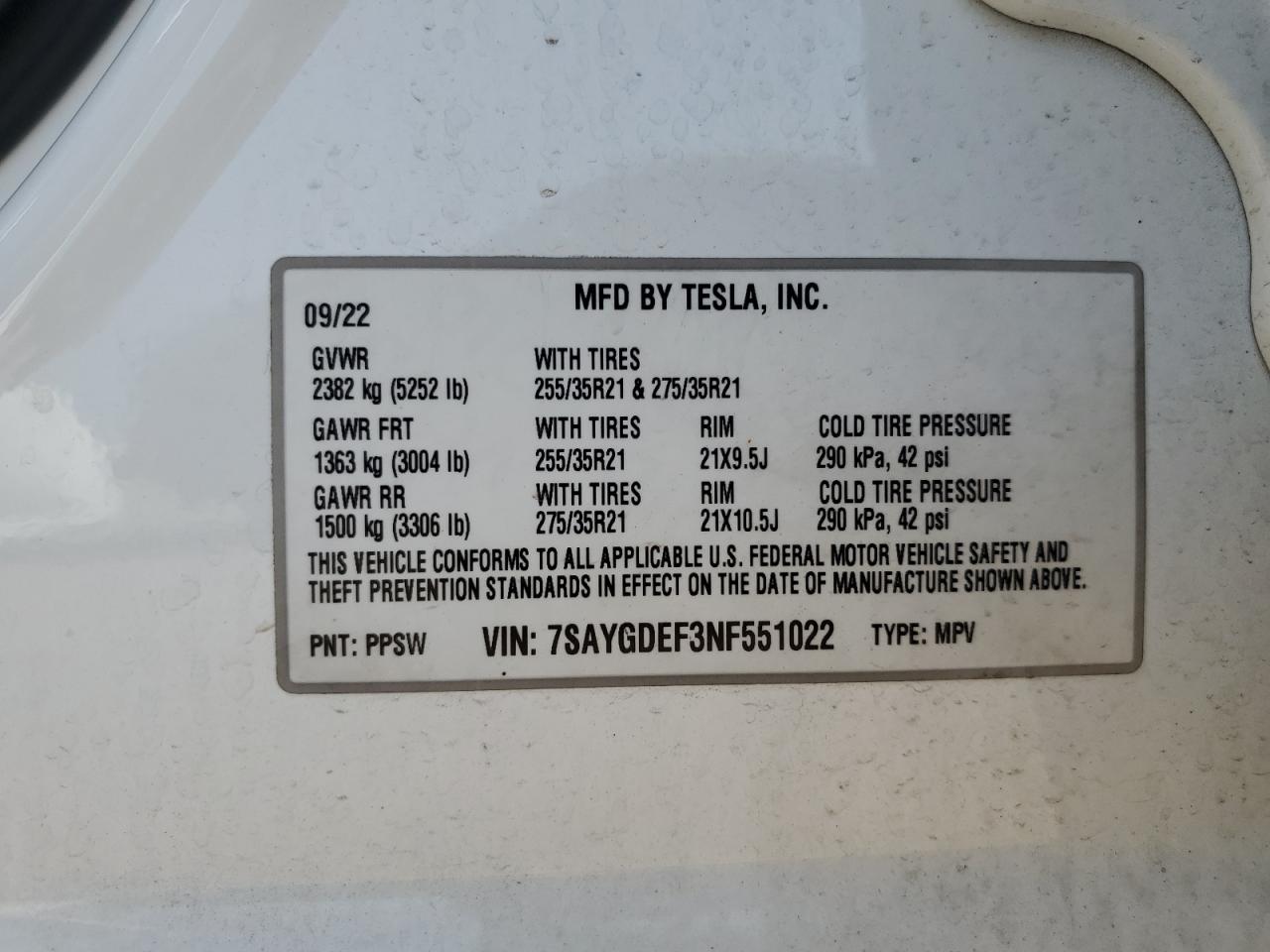 2022 Tesla Model Y VIN: 7SAYGDEF3NF551022 Lot: 69069955