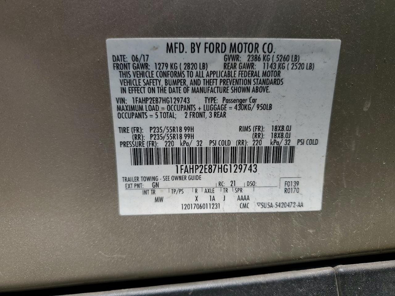 2017 Ford Taurus Sel VIN: 1FAHP2E87HG129743 Lot: 69867245