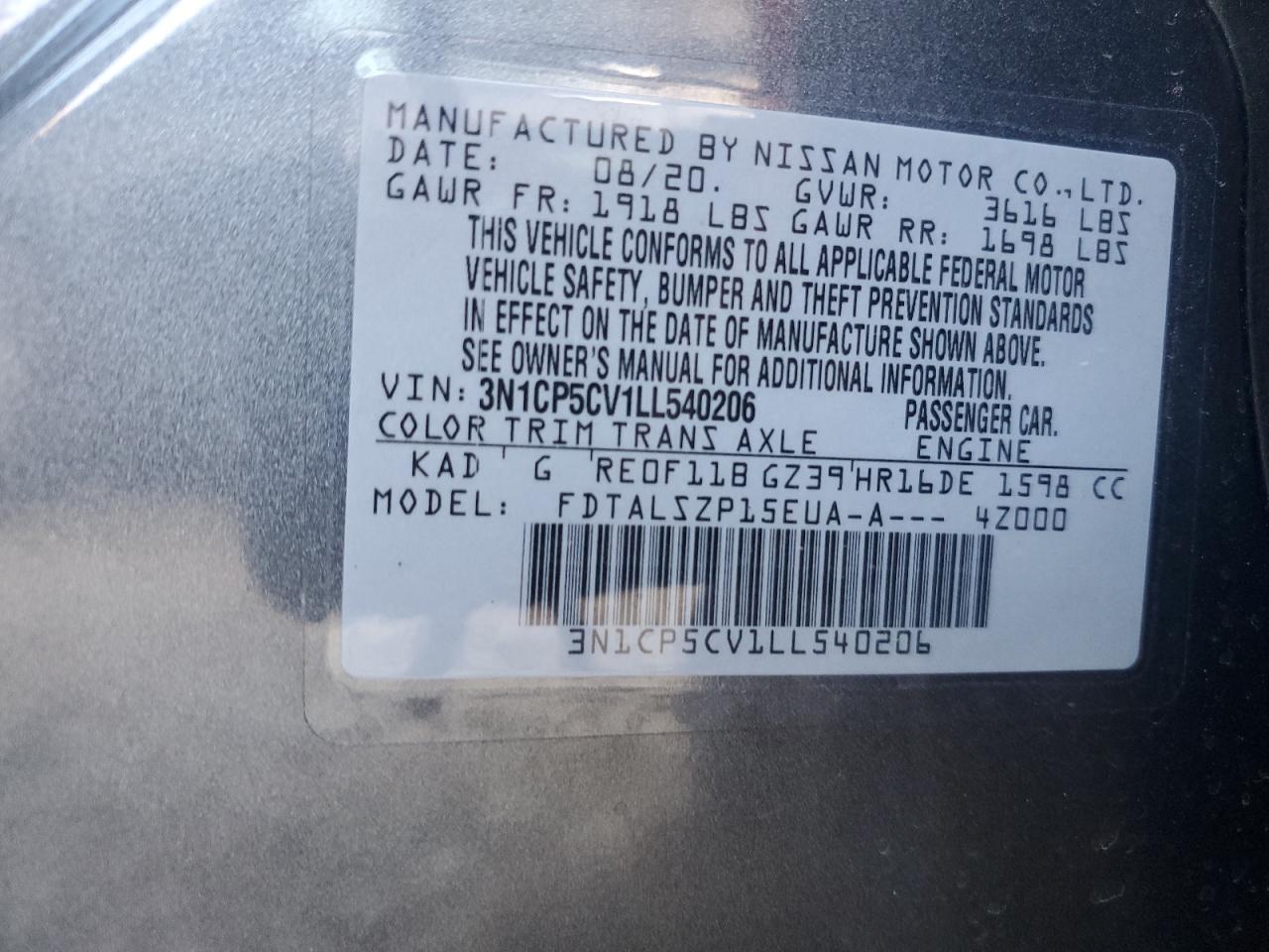 2020 Nissan Kicks Sv VIN: 3N1CP5CV1LL540206 Lot: 68513805