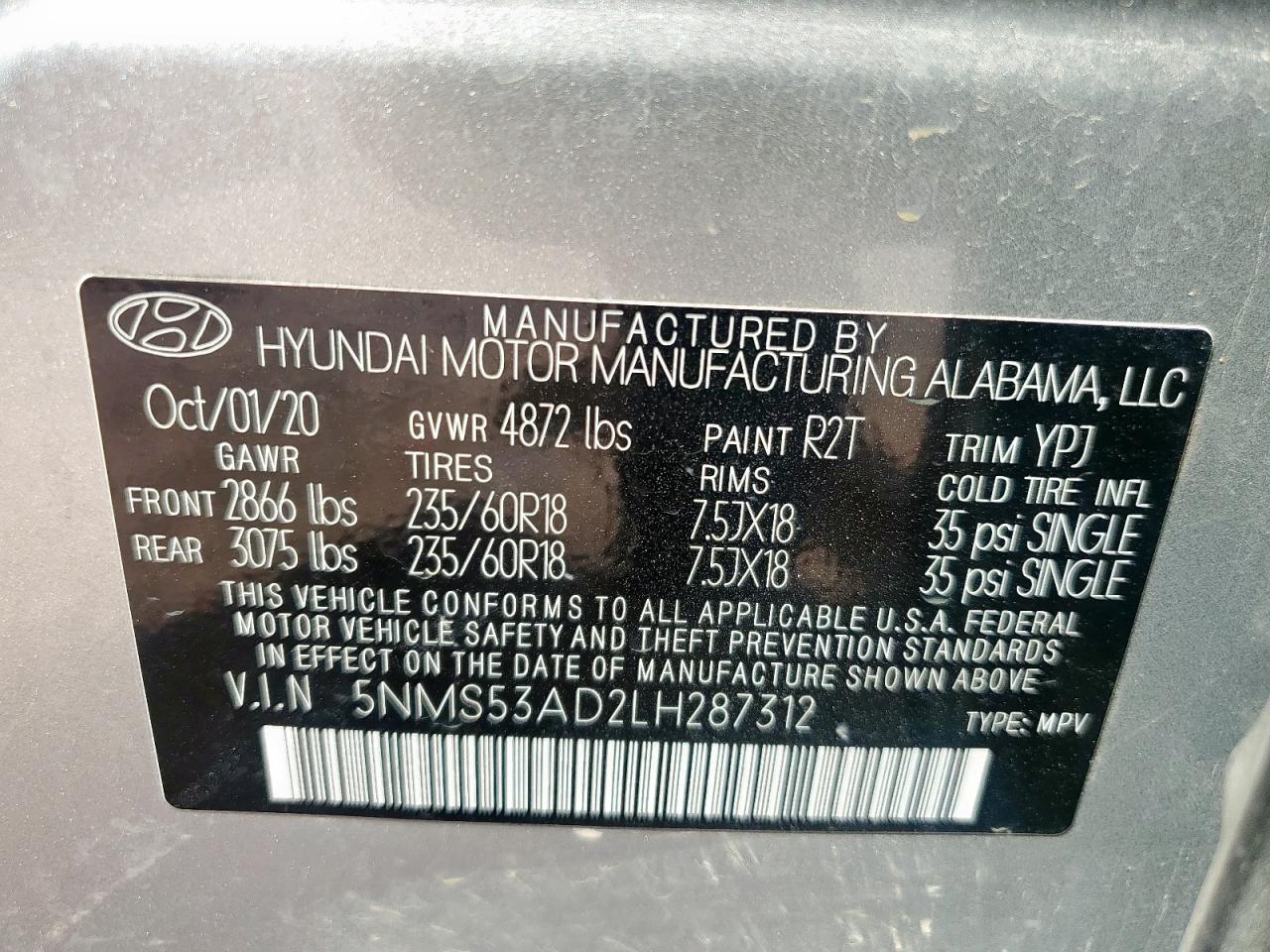 2020 Hyundai Santa Fe Limited VIN: 5NMS53AD2LH287312 Lot: 66675825