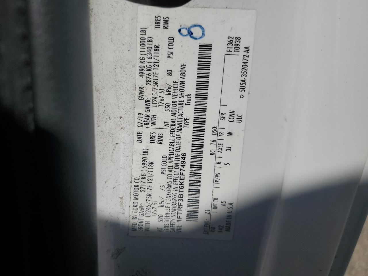 2019 Ford F350 Super Duty VIN: 1FTRF3BT6KEF74946 Lot: 70099965