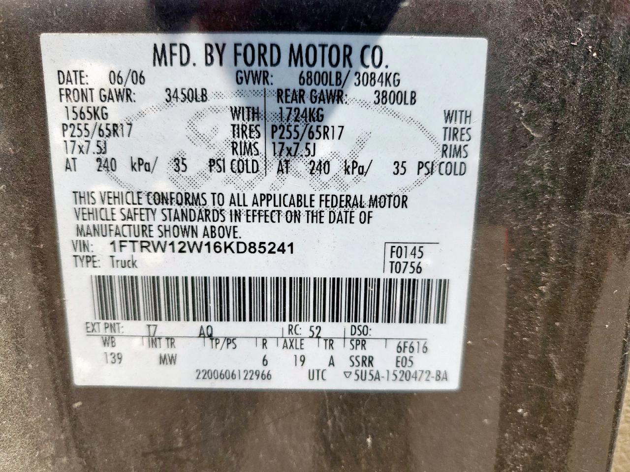 2006 Ford F150 Supercrew VIN: 1FTRW12W16KD85241 Lot: 67174065