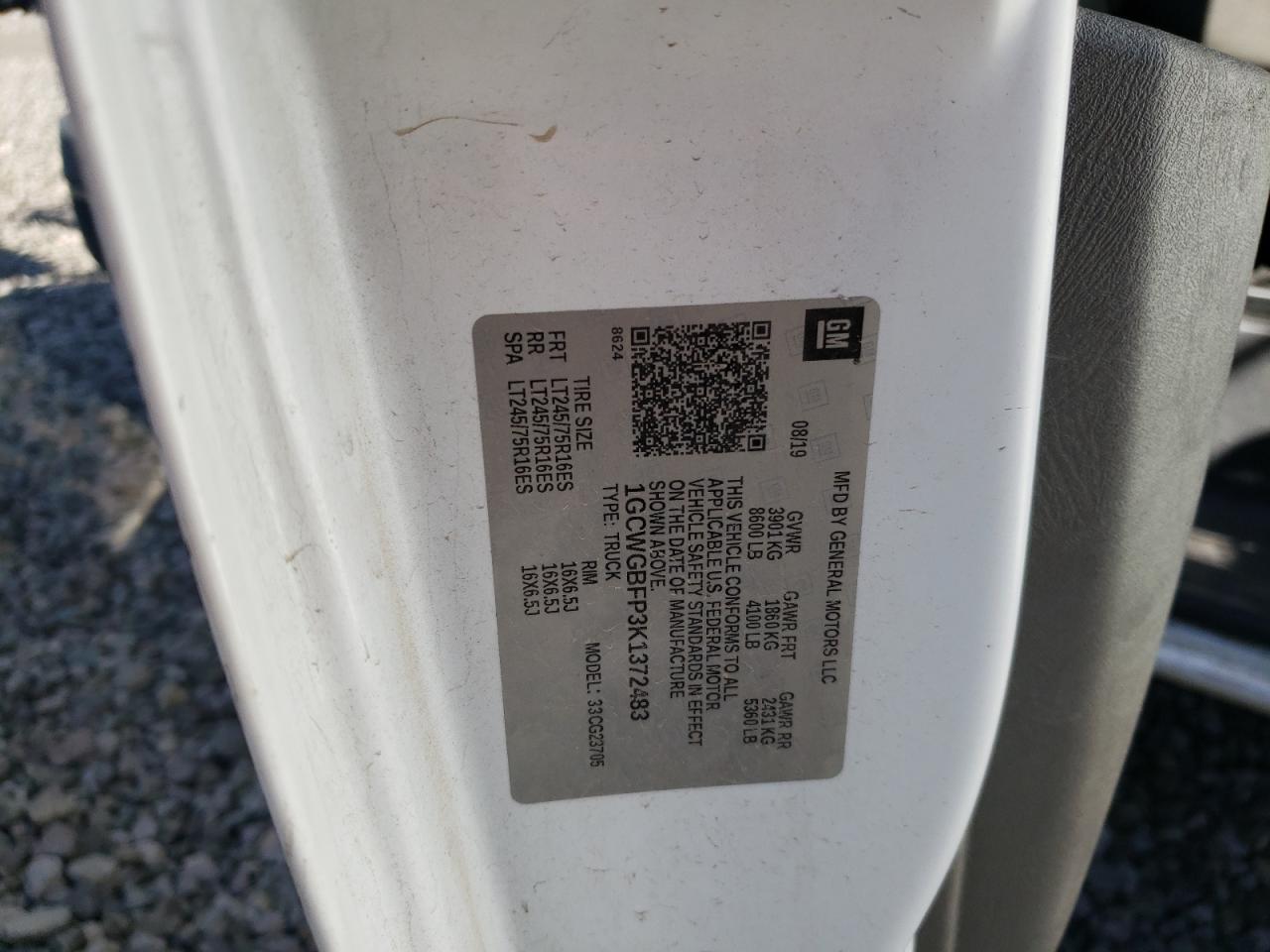 2019 Chevrolet Express G2500 VIN: 1GCWGBFP3K1372483 Lot: 67254595