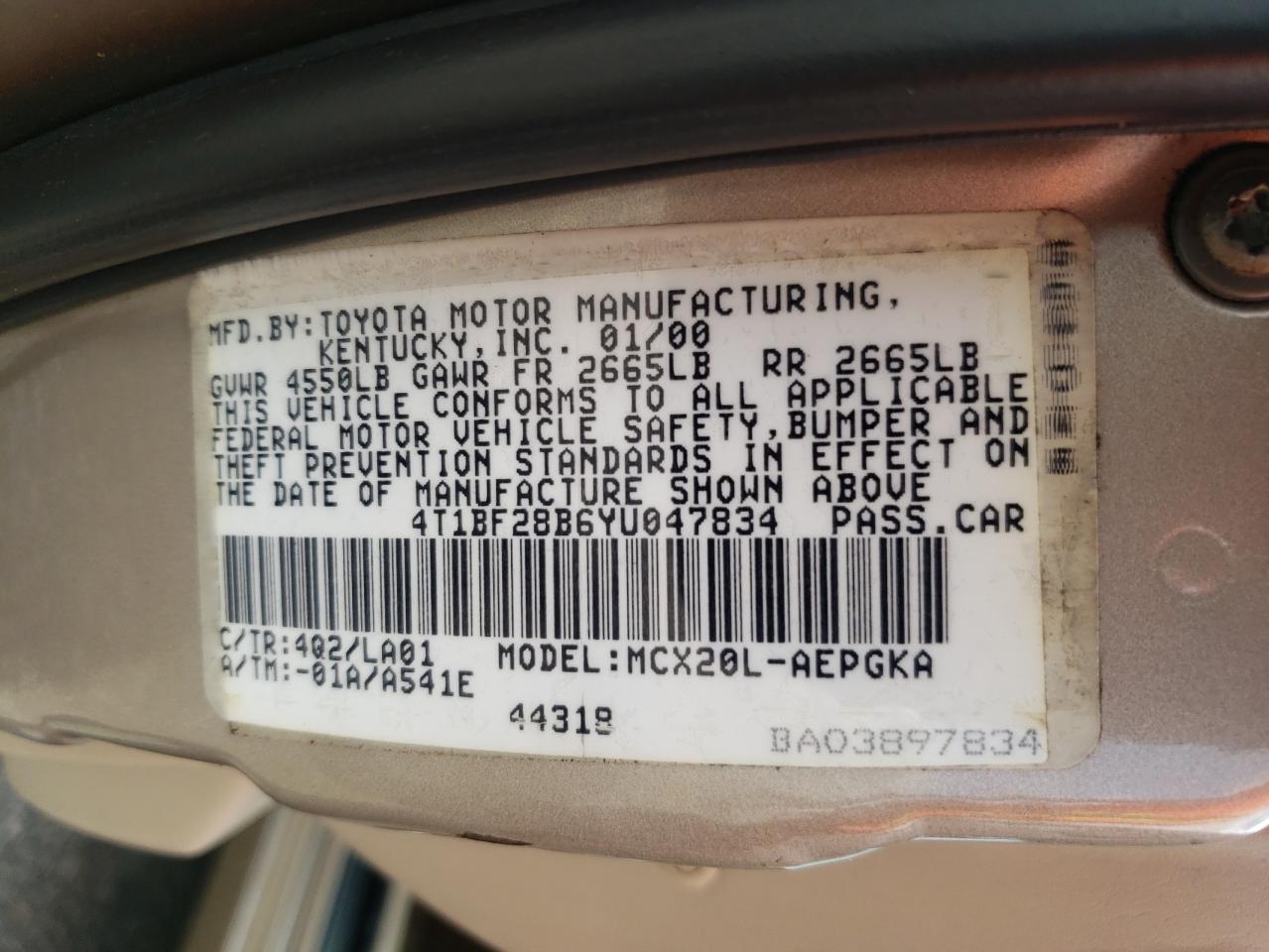 2000 Toyota Avalon Xl VIN: 4T1BF28B6YU047834 Lot: 69585485