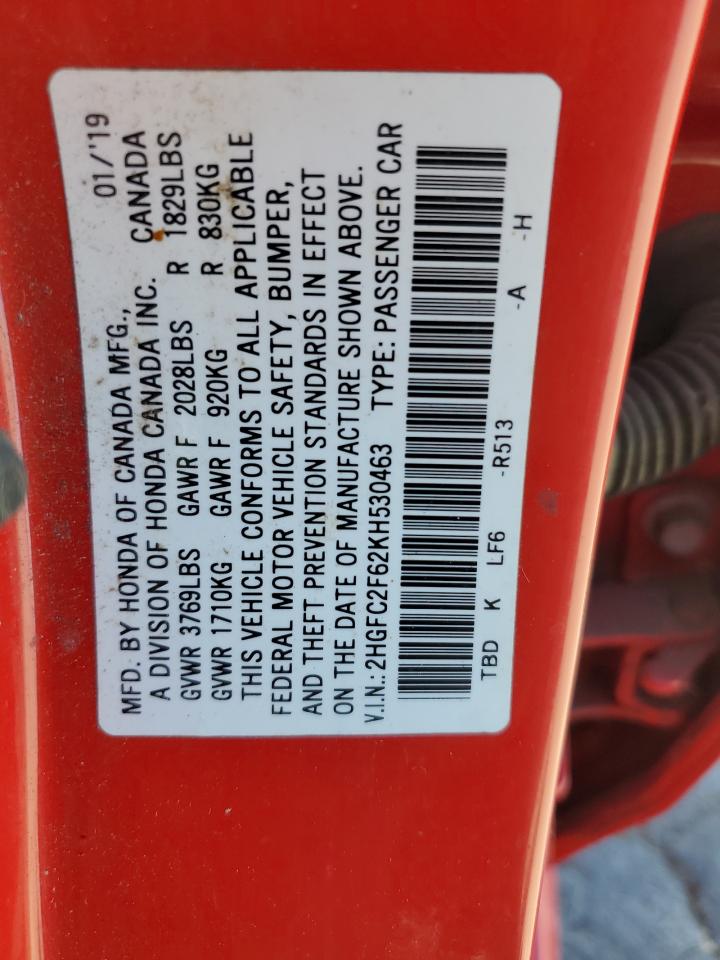 2019 Honda Civic Lx VIN: 2HGFC2F62KH530463 Lot: 69201905