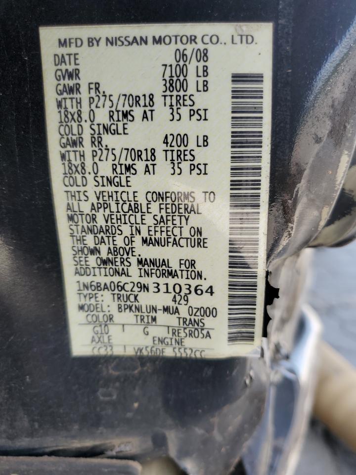2009 Nissan Titan Xe VIN: 1N6BA06C29N310364 Lot: 71037545