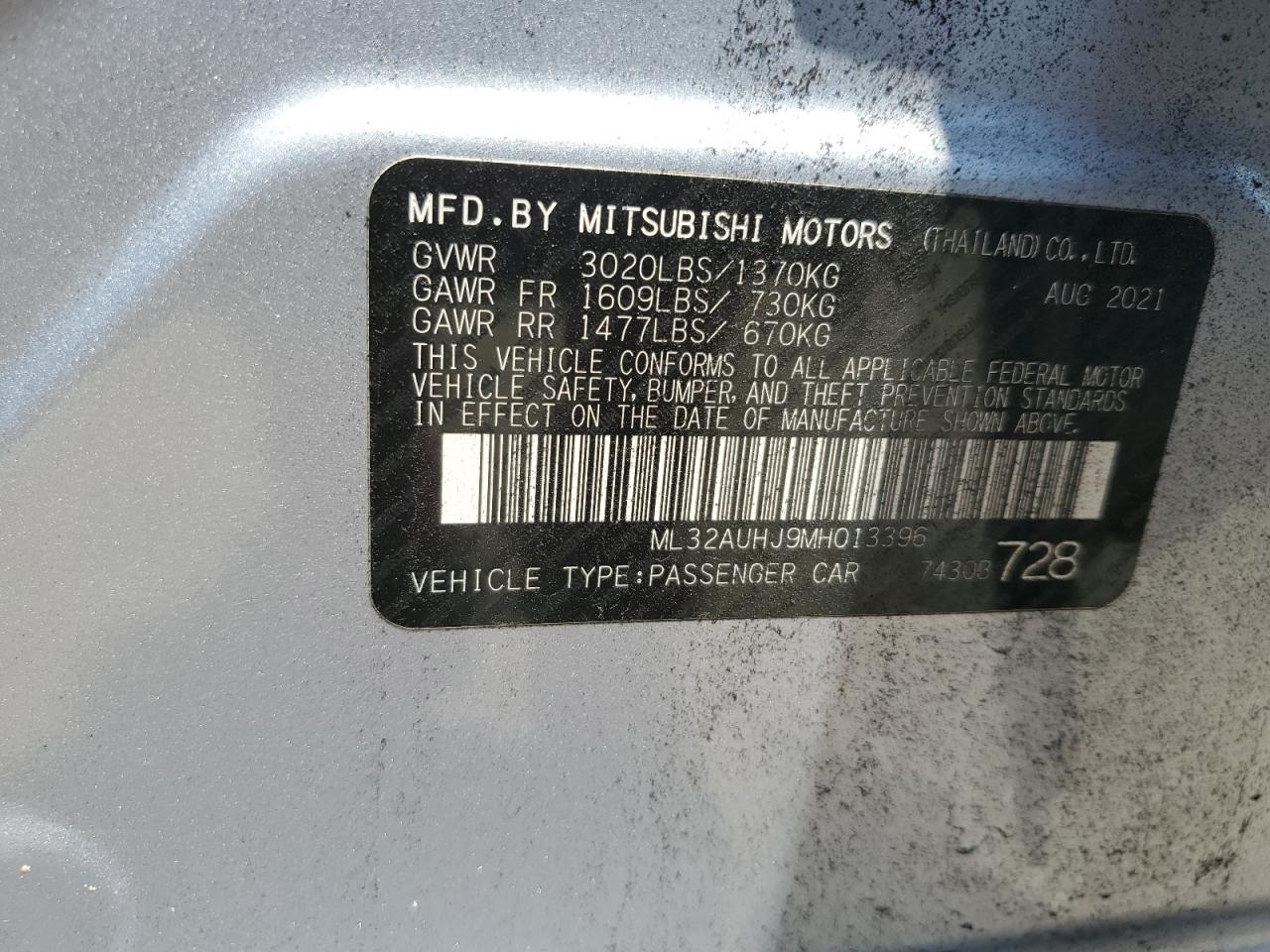 2021 Mitsubishi Mirage Es VIN: ML32AUHJ9MH013396 Lot: 69481065