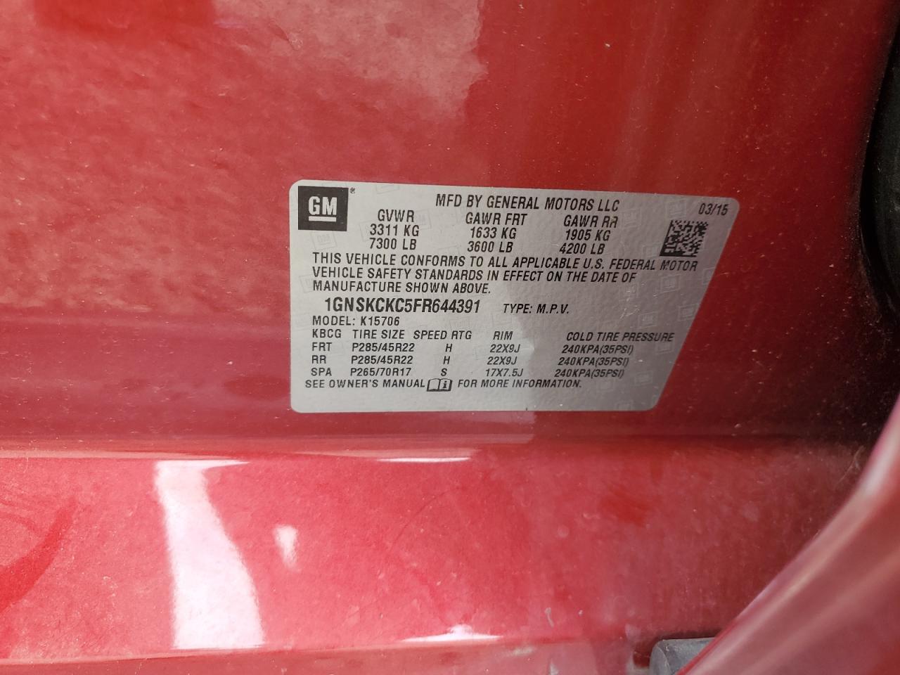 2015 Chevrolet Tahoe K1500 Ltz VIN: 1GNSKCKC5FR644391 Lot: 66997025