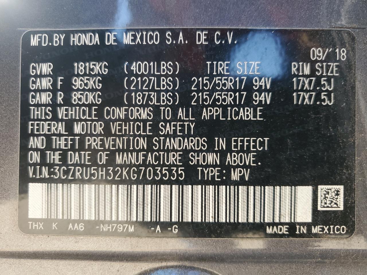 2019 Honda Hr-V Lx VIN: 3CZRU5H32KG703535 Lot: 67957055