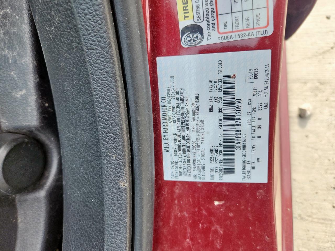 2007 Ford Fusion Sel VIN: 3FAHP08187R120950 Lot: 66469725