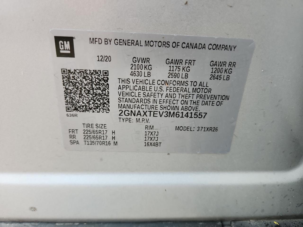 2021 Chevrolet Equinox Lt VIN: 2GNAXTEV3M6141557 Lot: 69067735