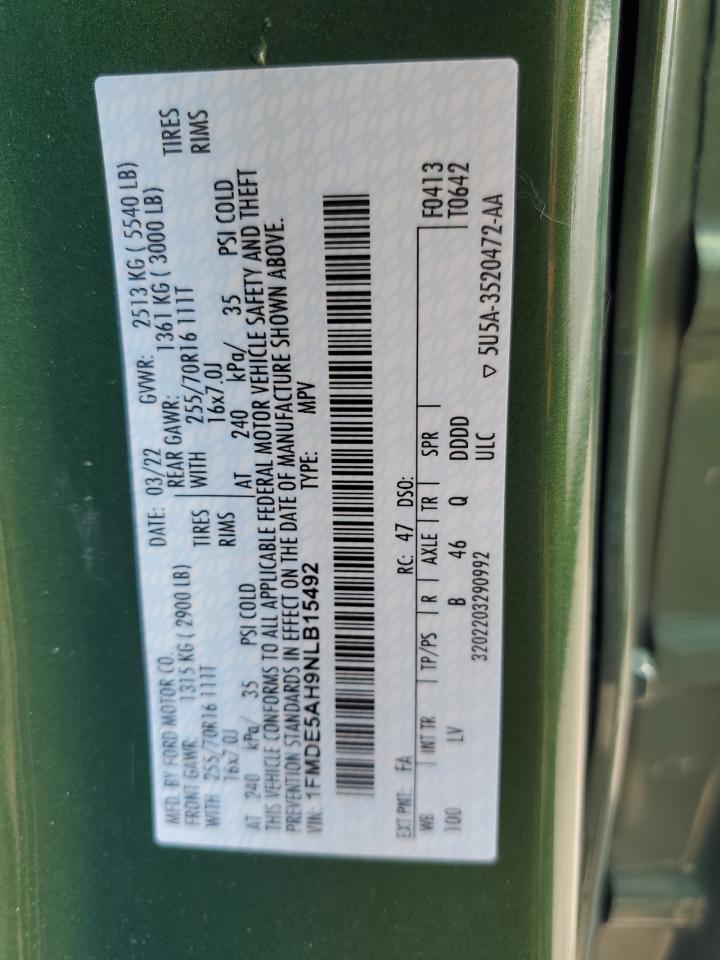 2022 Ford Bronco Base VIN: 1FMDE5AH9NLB15492 Lot: 68735385