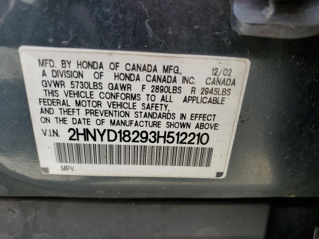 2003 Acura Mdx VIN: 2HNYD18293H512210 Lot: 69310495