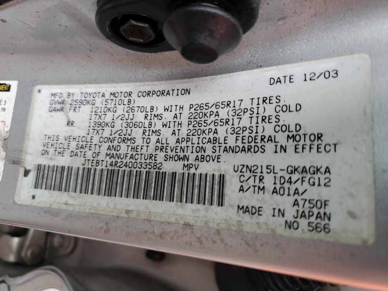 2004 Toyota 4Runner Sr5 VIN: JTEBT14R240033582 Lot: 70495075