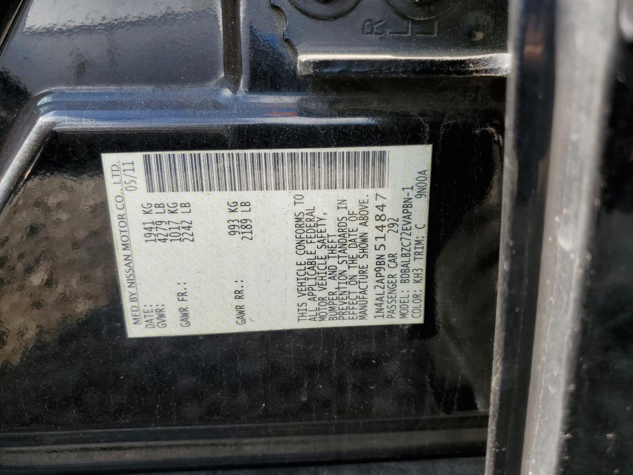 2011 Nissan Altima Base VIN: 1N4AL2AP9BN514847 Lot: 67953265