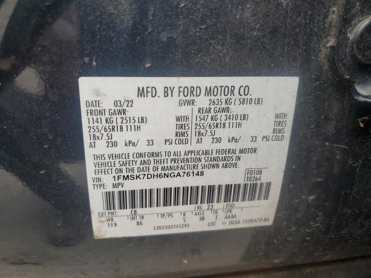 2022 Ford Explorer Xlt VIN: 1FMSK7DH6NGA76148 Lot: 69567015