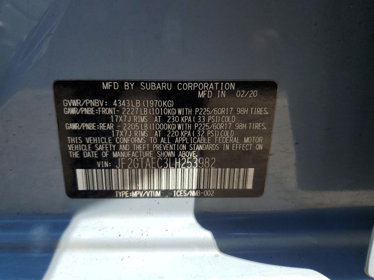 2020 Subaru Crosstrek Premium VIN: JF2GTAEC3LH253982 Lot: 70142025