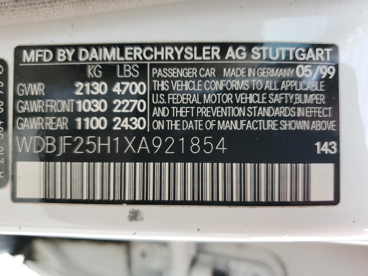1999 Mercedes-Benz E 300Td VIN: WDBJF25H1XA921854 Lot: 69360305