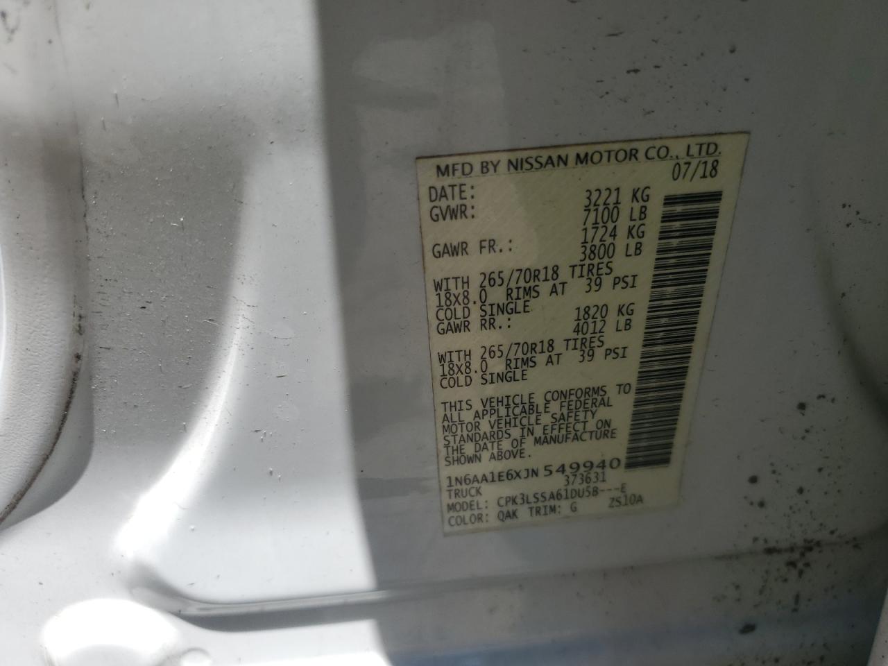 2018 Nissan Titan Sv VIN: 1N6AA1E6XJN549940 Lot: 69312635