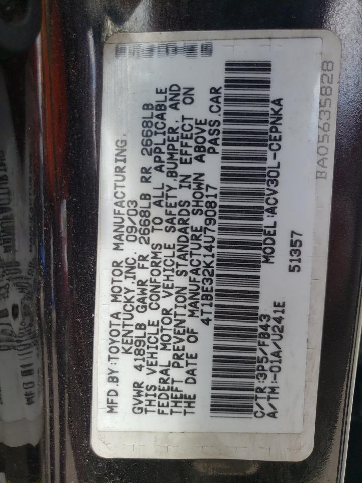 2004 Toyota Camry Le VIN: 4T1BE32K14U790817 Lot: 67537995