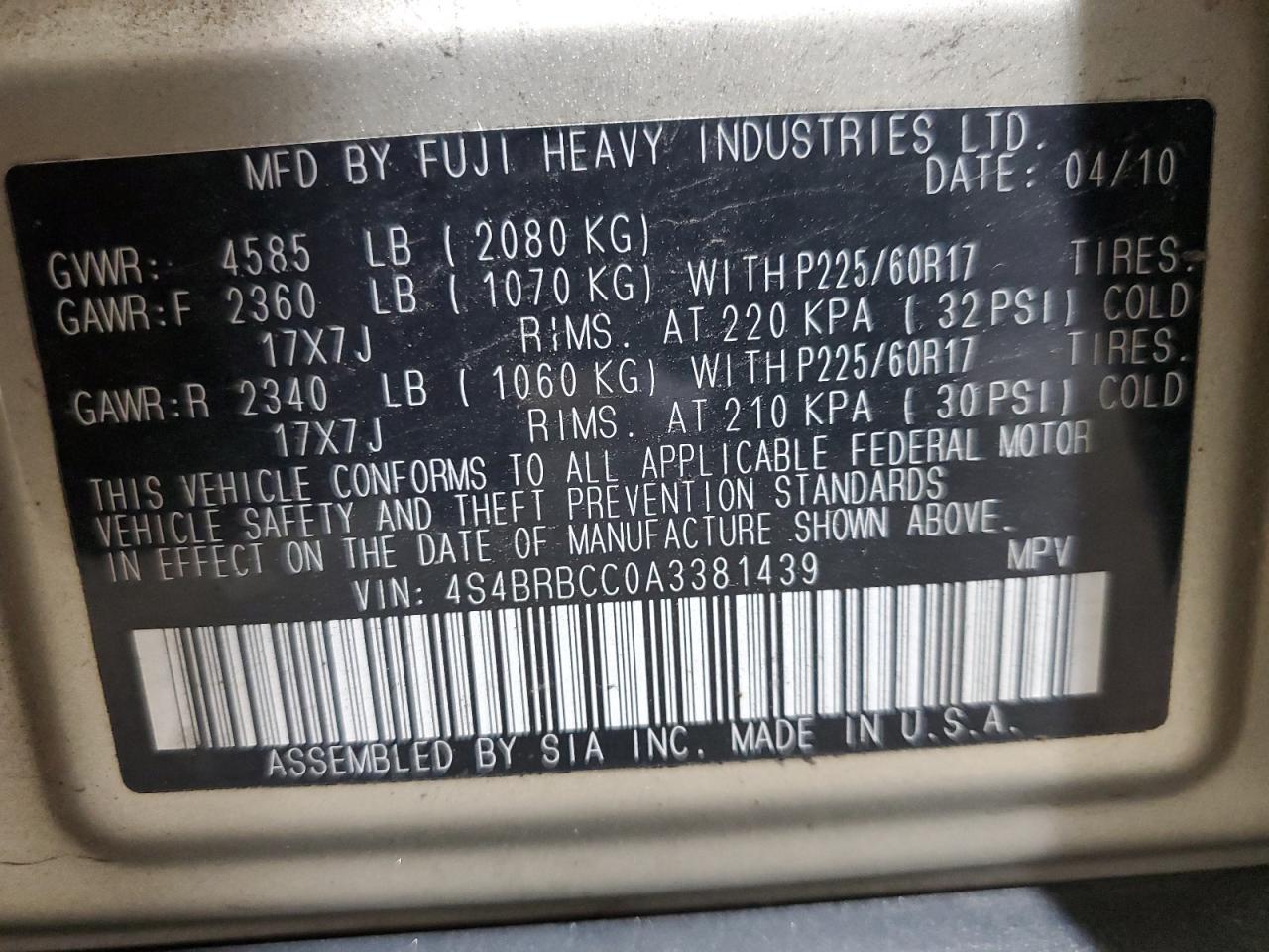 2010 Subaru Outback 2.5I Premium VIN: 4S4BRBCC0A3381439 Lot: 67985955