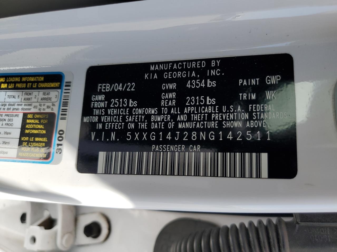 2022 Kia K5 Lxs VIN: 5XXG14J28NG142511 Lot: 69318885