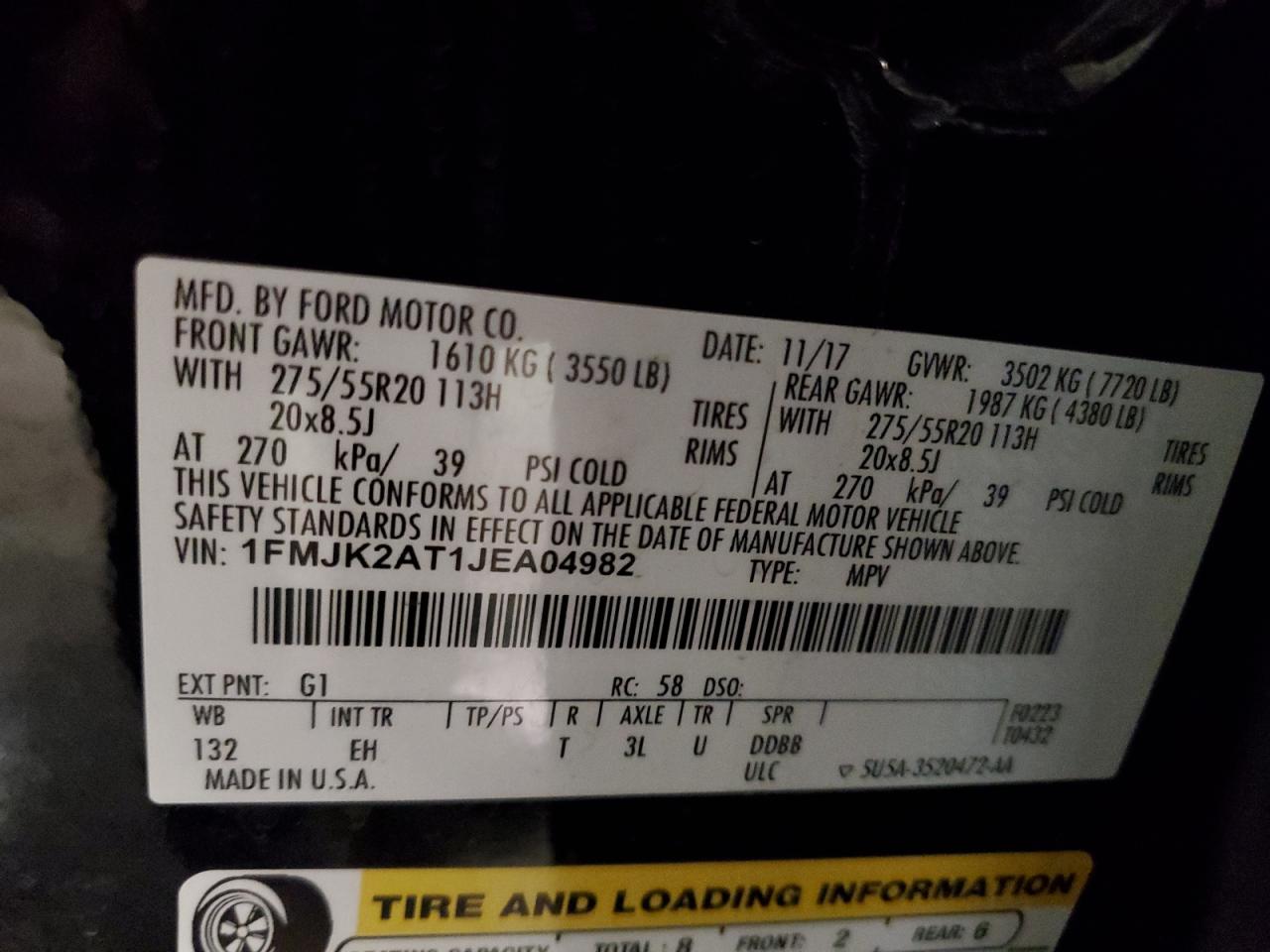 2018 Ford Expedition Max Limited VIN: 1FMJK2AT1JEA04982 Lot: 68281755