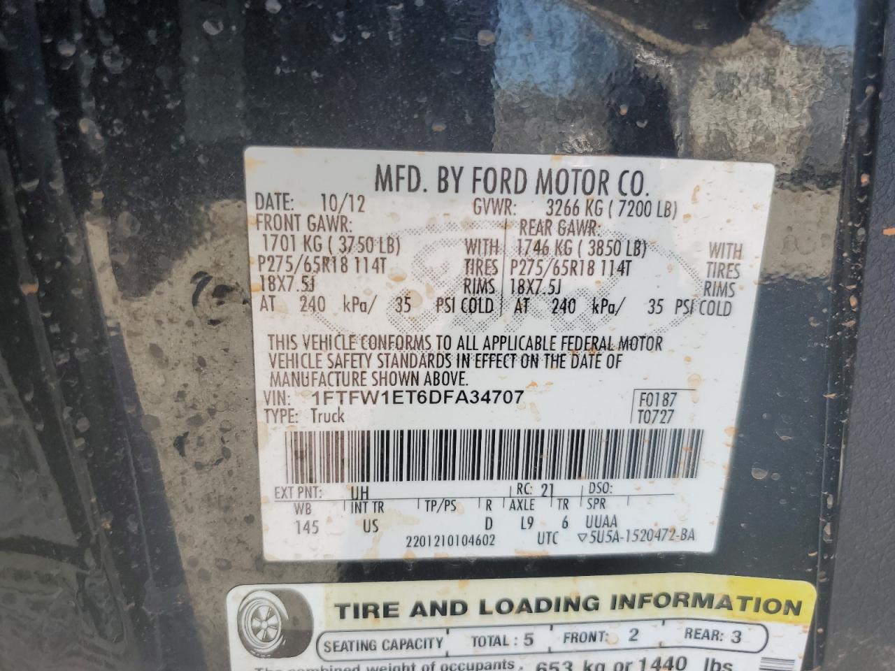 2013 Ford F150 Supercrew VIN: 1FTFW1ET6DFA34707 Lot: 71169715