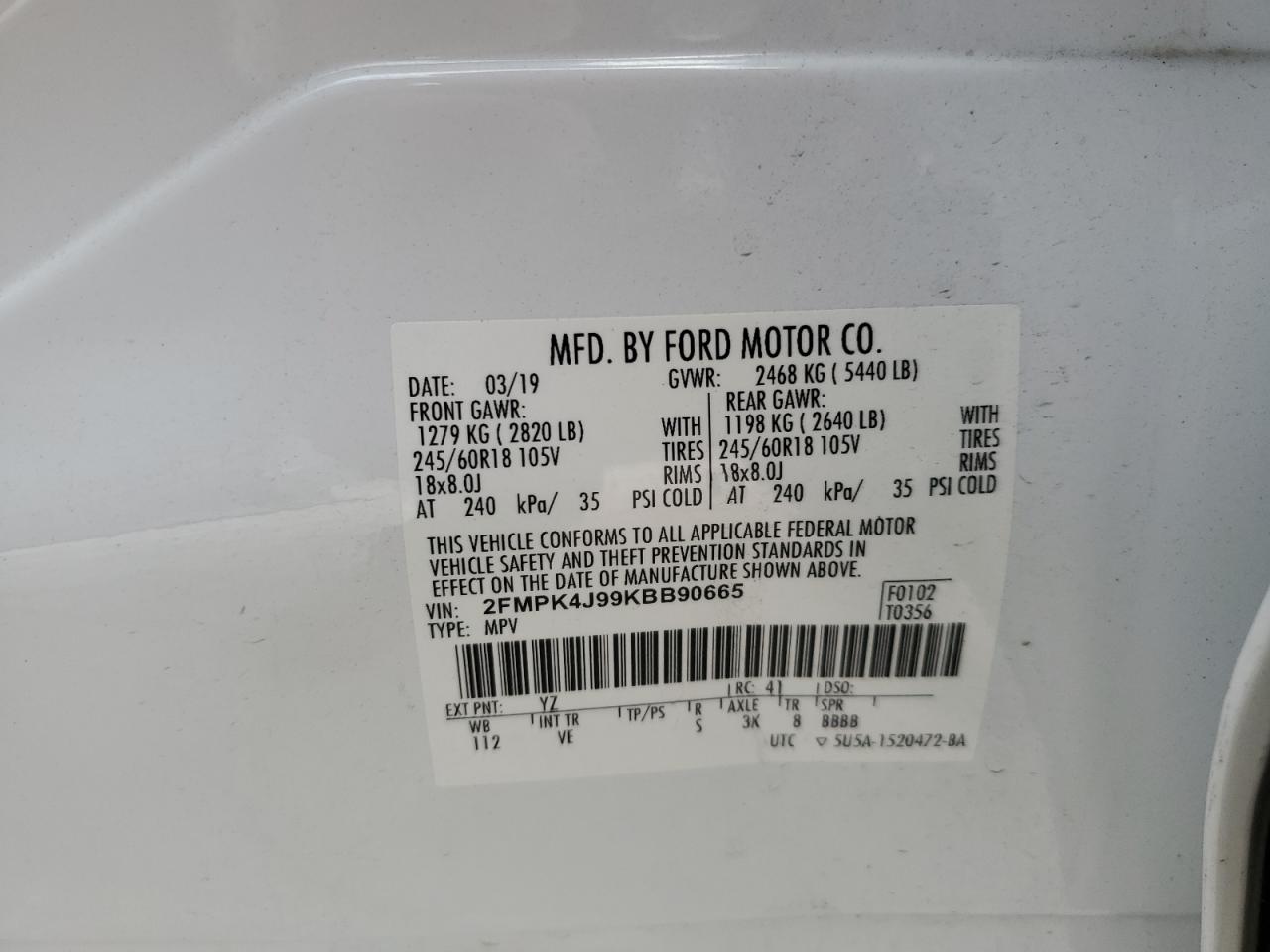 2019 Ford Edge Sel VIN: 2FMPK4J99KBB90665 Lot: 68344155