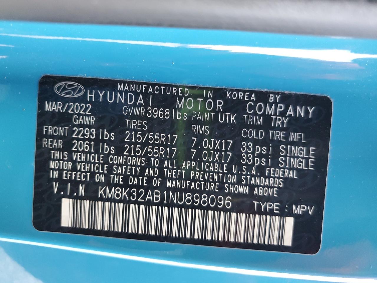 2022 Hyundai Kona Sel VIN: KM8K32AB1NU898096 Lot: 70049855
