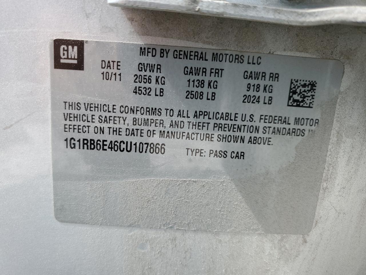 2012 Chevrolet Volt VIN: 1G1RB6E46CU107866 Lot: 69185045