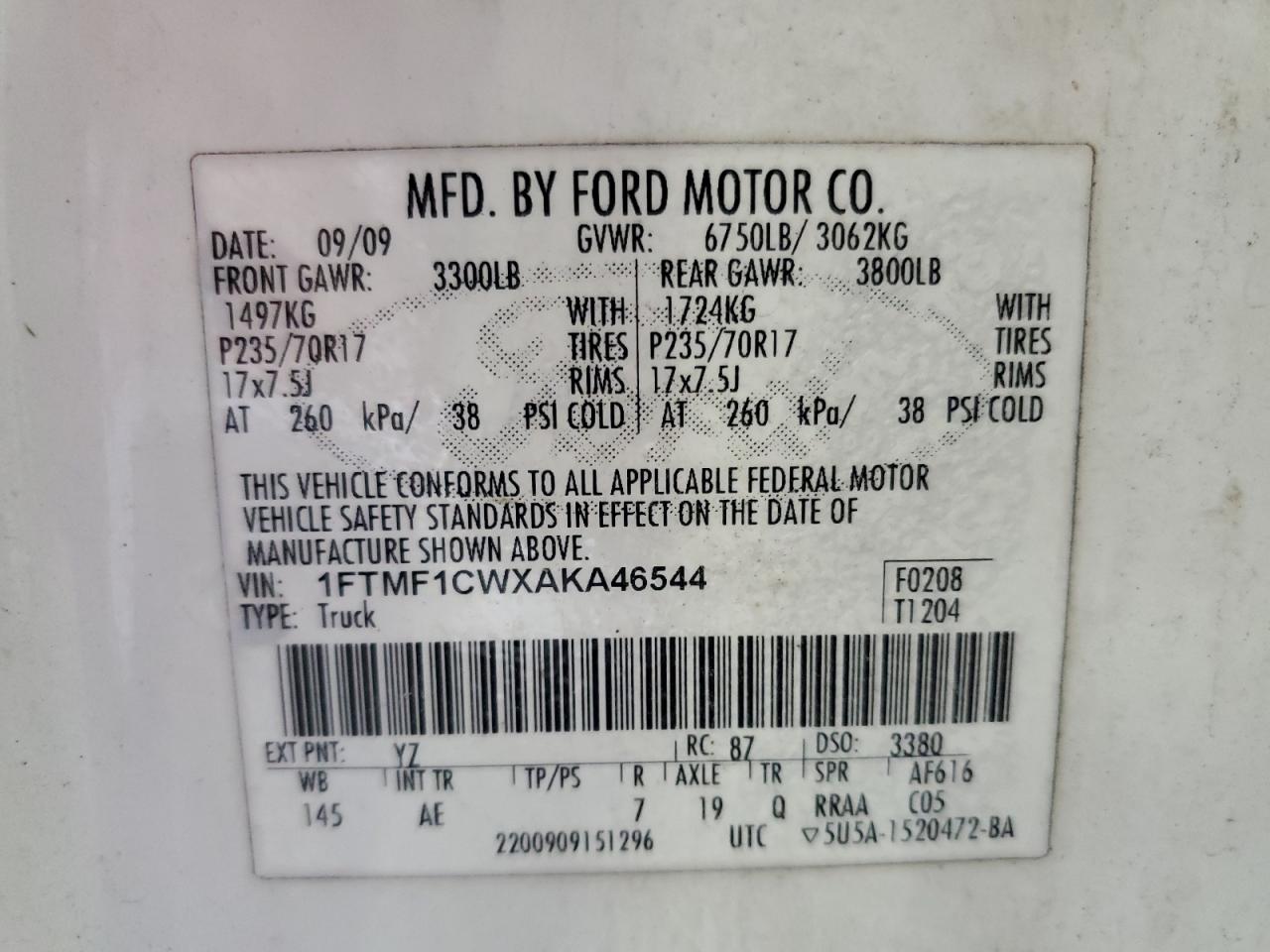 2010 Ford F150 VIN: 1FTMF1CWXAKA46544 Lot: 47969995