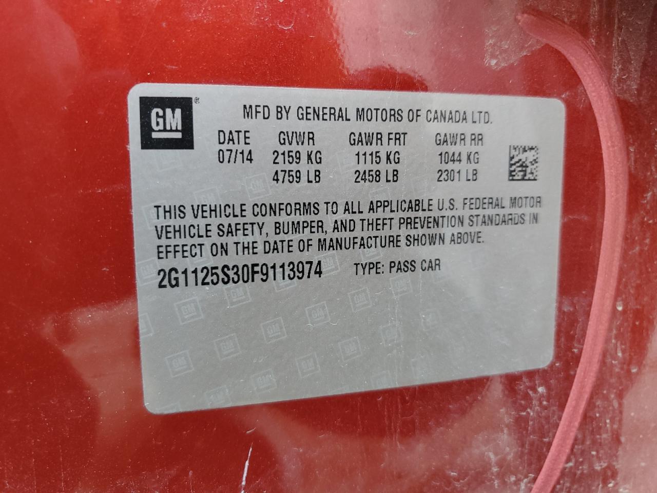 2015 Chevrolet Impala Lt VIN: 2G1125S30F9113974 Lot: 69462125