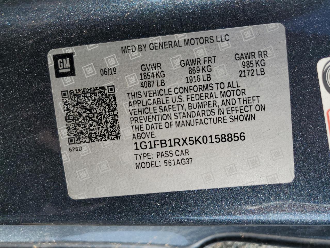 2019 Chevrolet Camaro Ls VIN: 1G1FB1RX5K0158856 Lot: 69181455