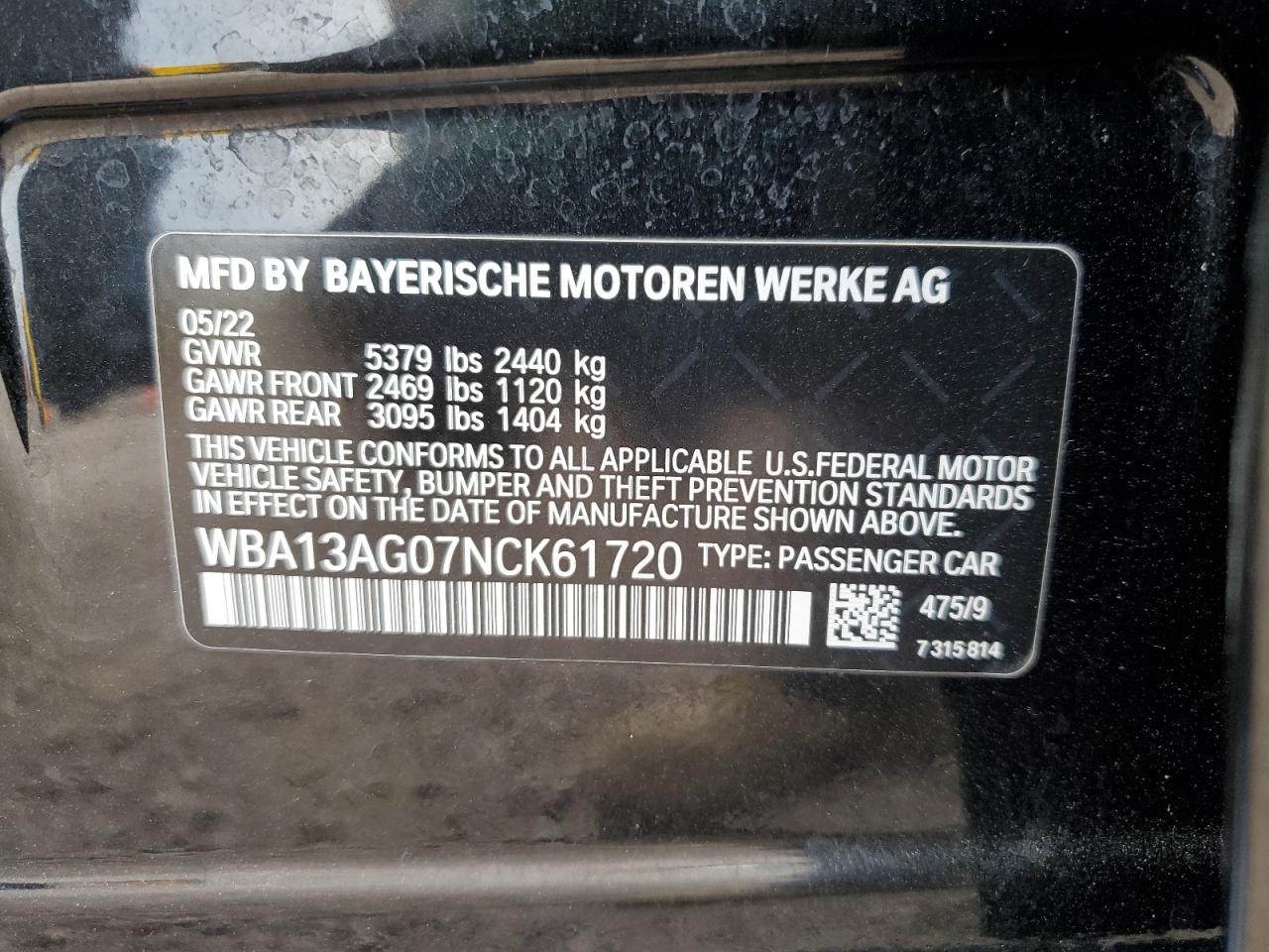 2022 BMW 530E VIN: WBA13AG07NCK61720 Lot: 67601745
