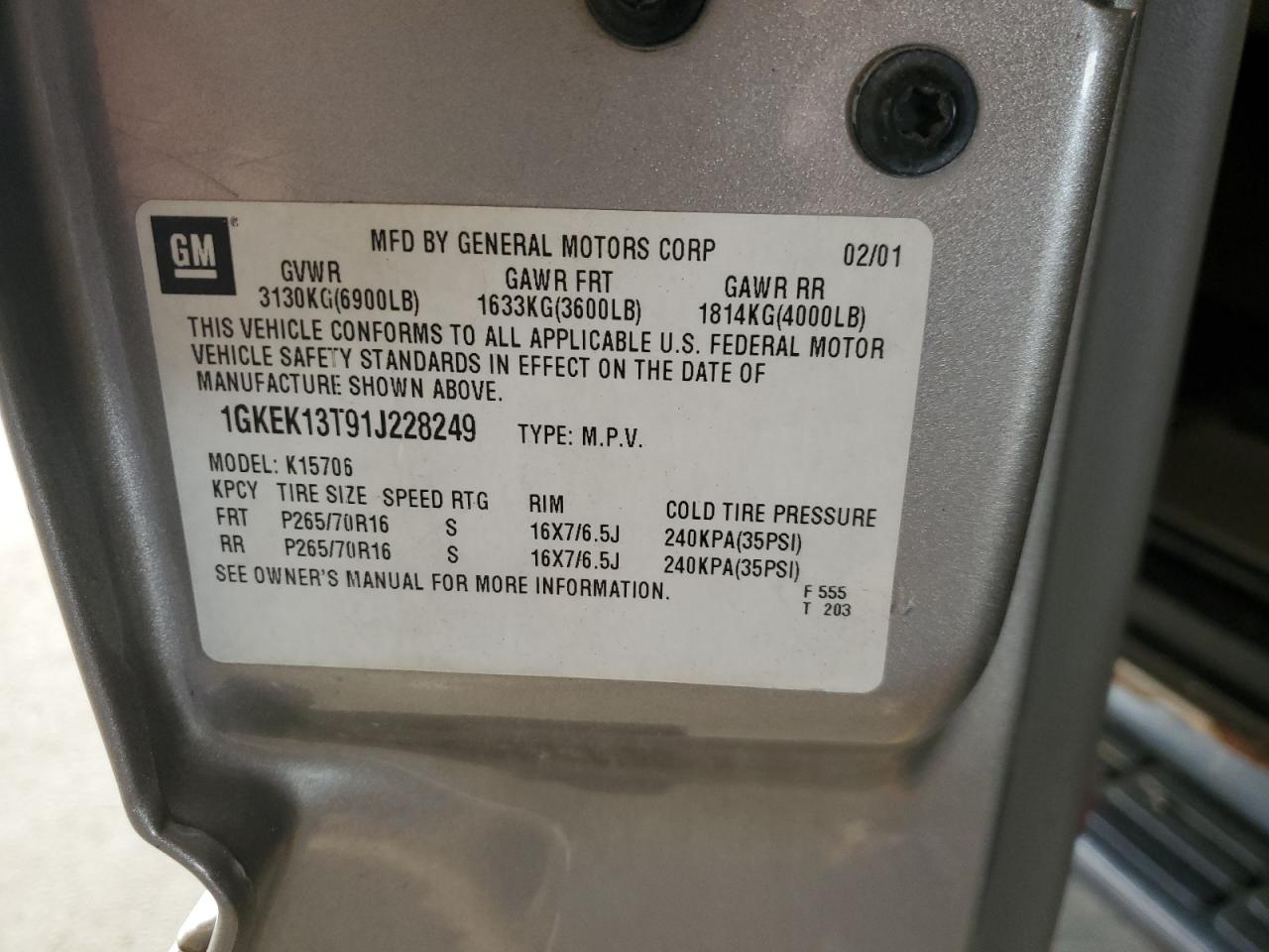 2001 GMC Yukon VIN: 1GKEK13T91J228249 Lot: 69177505