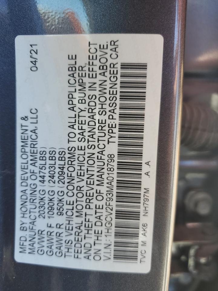 2021 Honda Accord Touring VIN: 1HGCV2F93MA018798 Lot: 69067185