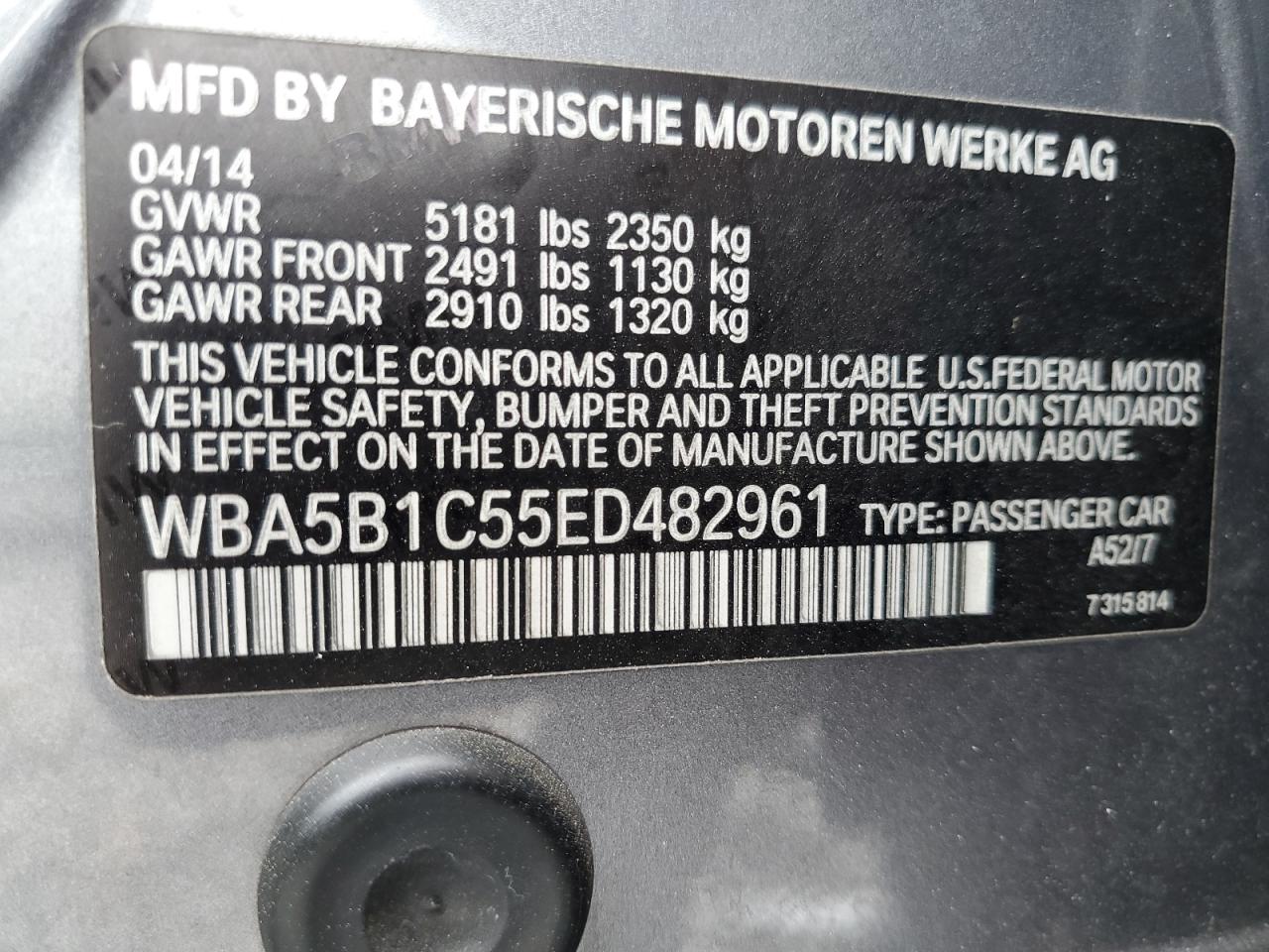 2014 BMW 535 I VIN: WBA5B1C55ED482961 Lot: 66688785