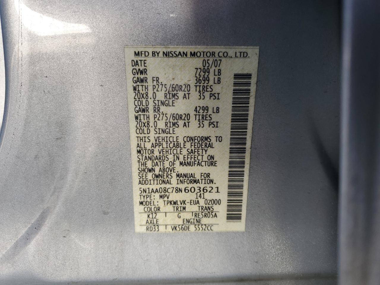 2008 Nissan Armada Se VIN: 5N1AA08C78N603621 Lot: 70380315