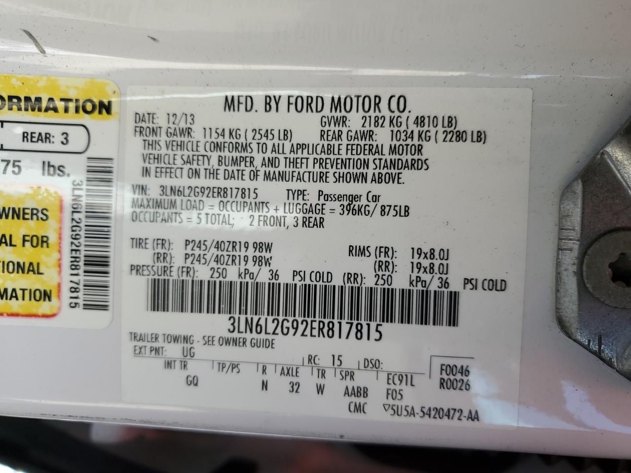2014 Lincoln Mkz VIN: 3LN6L2G92ER817815 Lot: 70037895