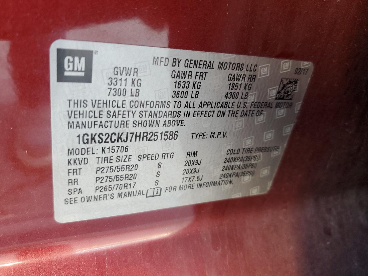 2017 GMC Yukon Denali VIN: 1GKS2CKJ7HR251586 Lot: 67627885