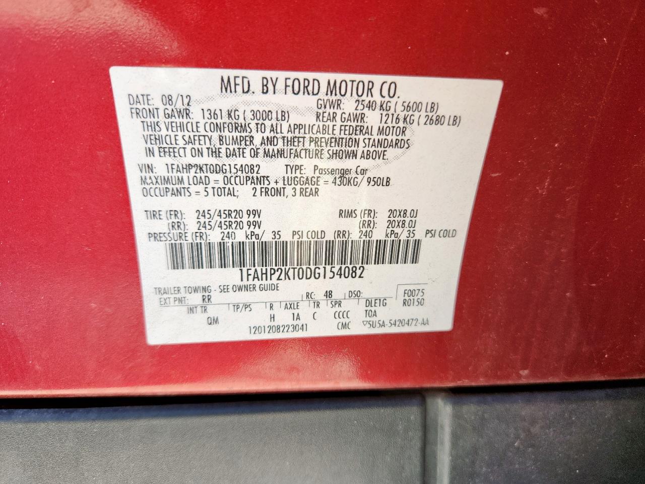 2013 Ford Taurus Sho VIN: 1FAHP2KT0DG154082 Lot: 68361615