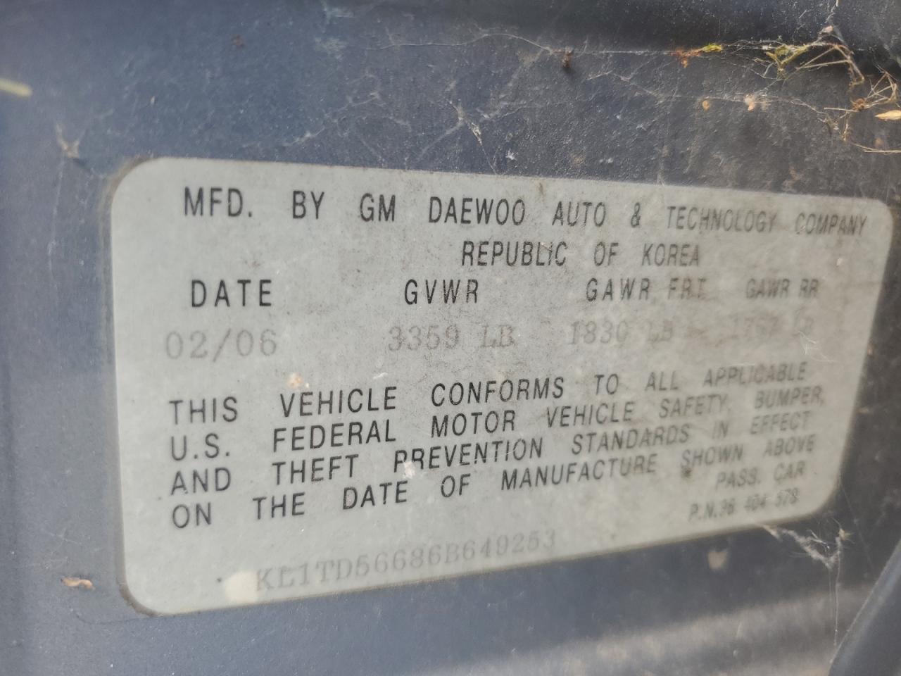 2006 Chevrolet Aveo Base VIN: KL1TD56686B649253 Lot: 67408425