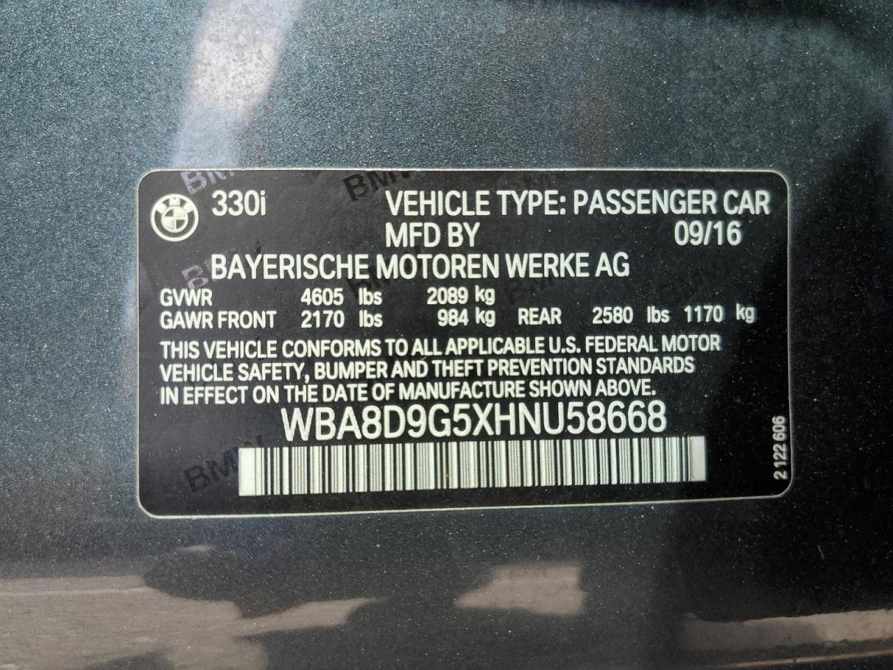 2017 BMW 330 Xi VIN: WBA8D9G5XHNU58668 Lot: 69802655