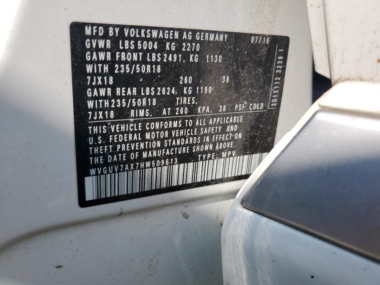 2017 Volkswagen Tiguan Sport VIN: WVGUV7AX7HW509613 Lot: 68878335