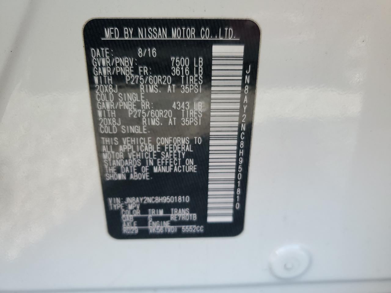 2017 Nissan Armada Sv VIN: JN8AY2NC8H9501810 Lot: 70897675