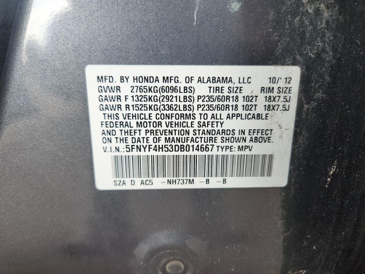 2013 Honda Pilot Exl VIN: 5FNYF4H53DB014667 Lot: 70173255