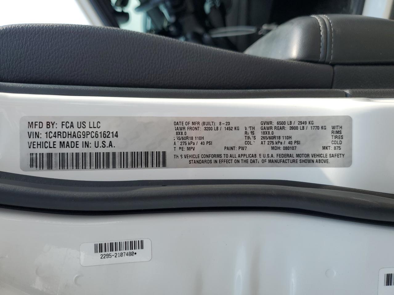 2023 Dodge Durango Sxt VIN: 1C4RDHAG9PC616214 Lot: 67195015