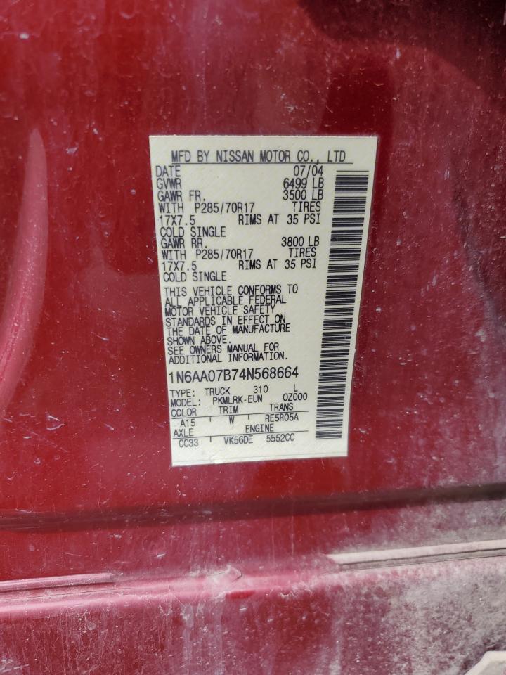 2004 Nissan Titan Xe VIN: 1N6AA07B74N568664 Lot: 69423045